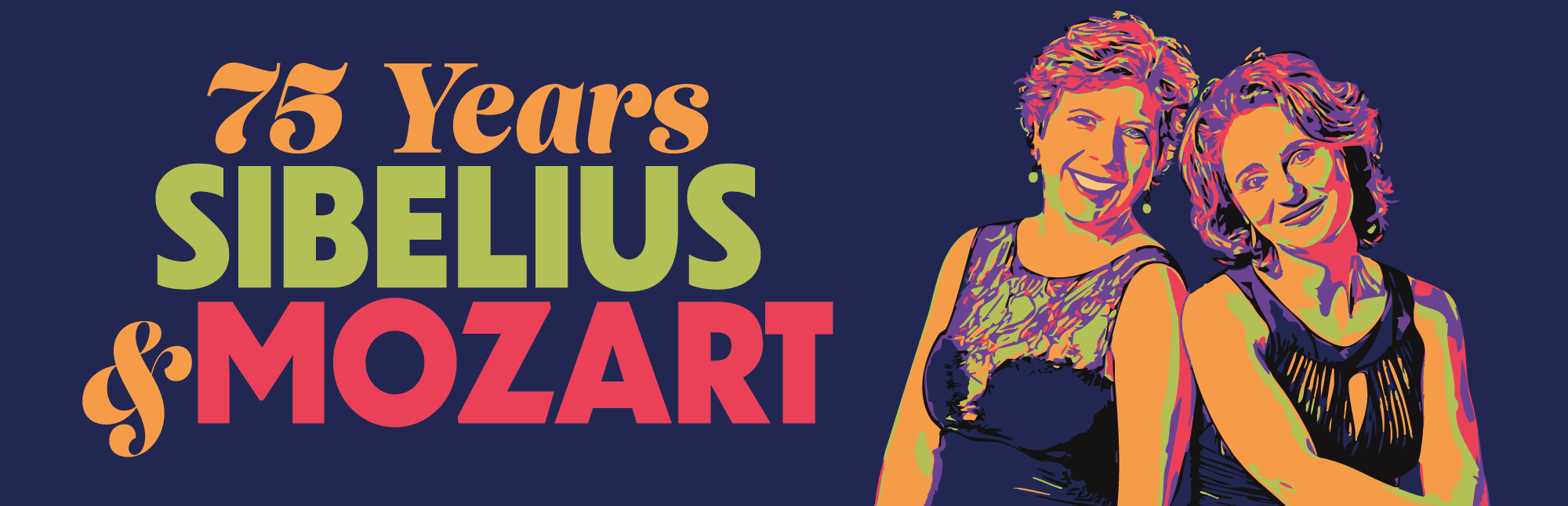 A brightly colored rendering of two women in formal attire