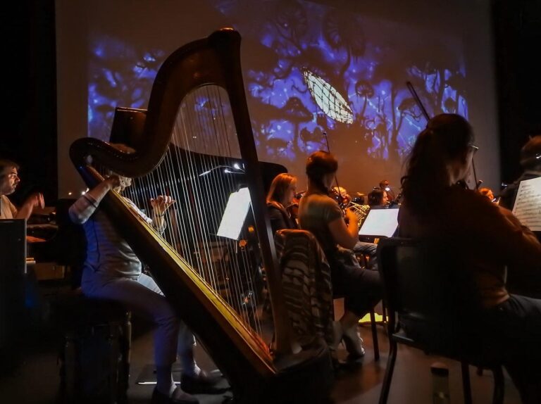 A snapshot from the concert showing an animated film playing behind an orchestra