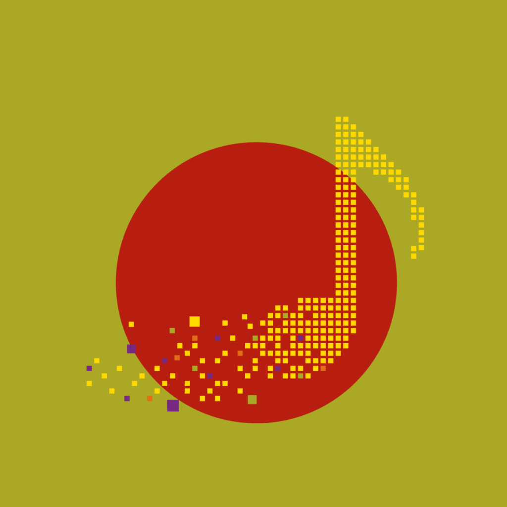 a red circle on an olive green background with a yellow music note made of pixels