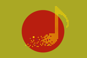 a red circle on an olive green background with a yellow music note made of pixels