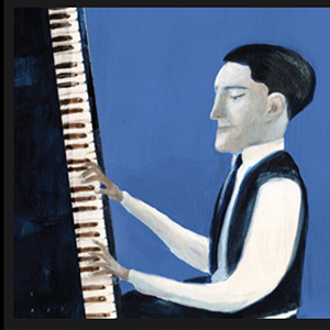 an abstract painting depicting a man at a piano with a blue background