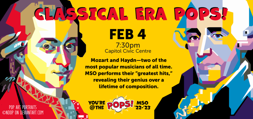 a pop art style graphic of Mozart and Haydn with concert details
