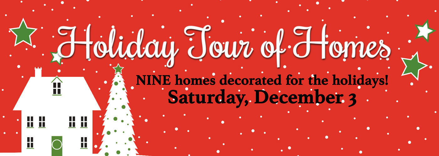 Holiday Tour of Homes graphic and link with a red background with cute white snow dots and a house and tree.