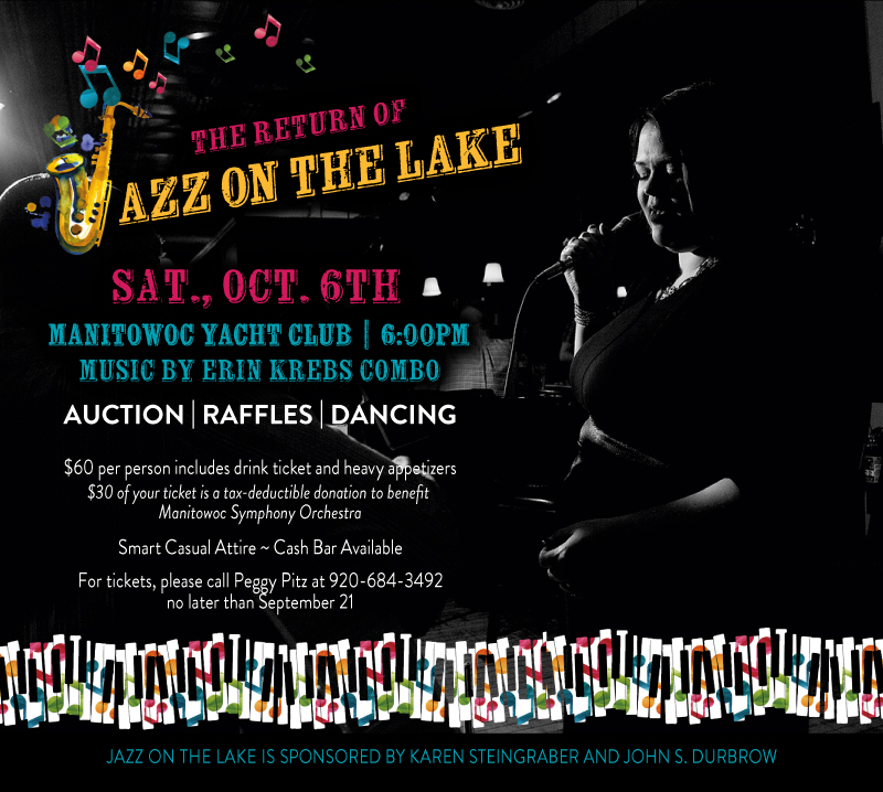 a jazz on the lake poster with an image of a woman singing and colorful piano keys