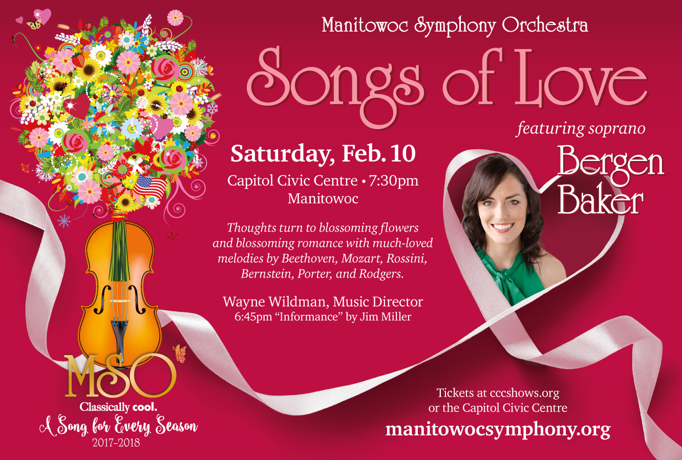 poster for song of love - red background with a white heart and a photo of the soloist Bergen Baker and The season graphic of a violin with a colorful and fun bouquet full of flowers, hearts at the left.