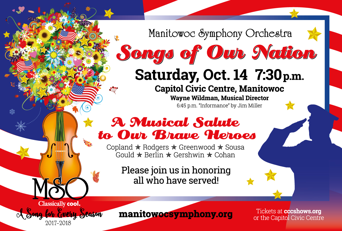 poster for songs of our nation - red white and blue with a soldier saluting. The season graphic of a violin with a colorful and fun bouquet full of flowers, flags and stars is at the left.