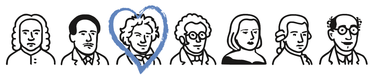 A row of caricatures of music composers, famous and not
