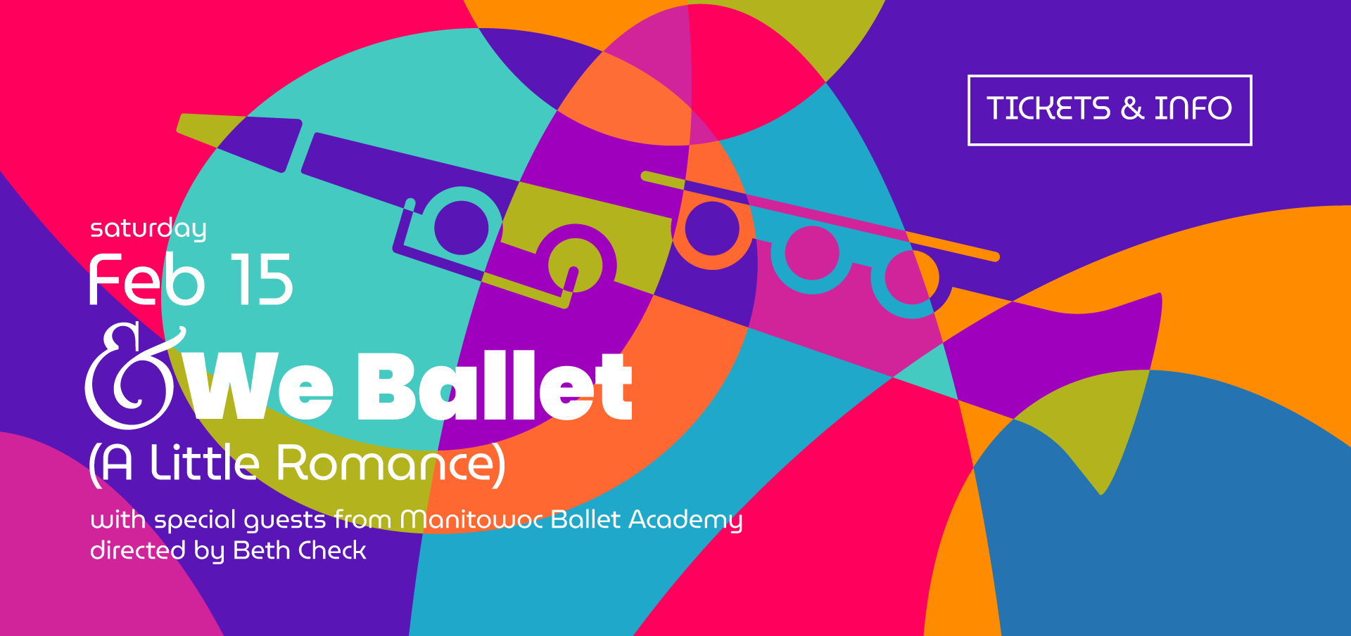 a colorful modern art composition of a clarinet with the title We Ballet and a link to concert tickets