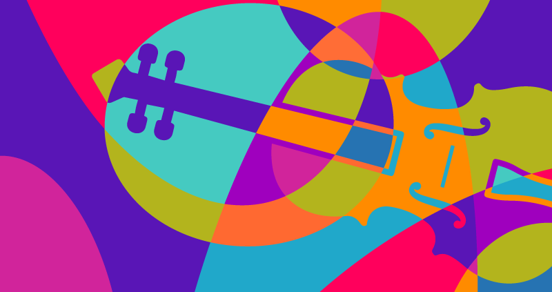 A violin superimposed on and intersecting with a background of brightly colored shapes.