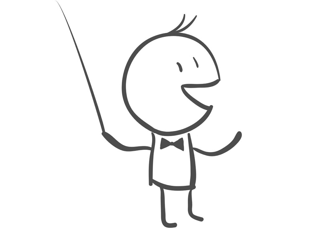 a stick figure conductor with baton and bow tie