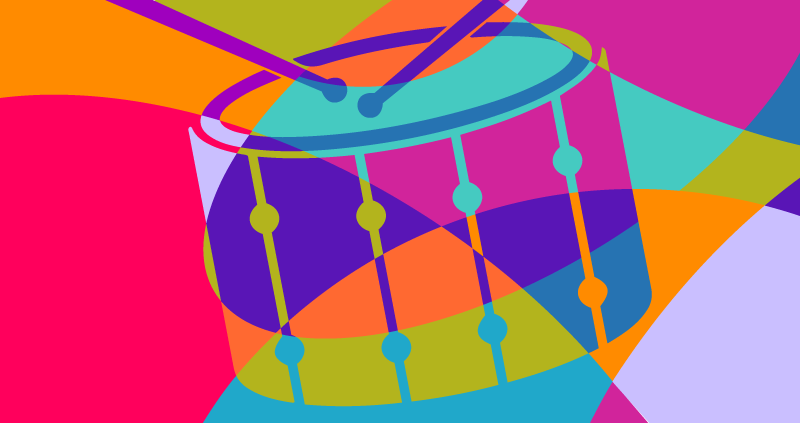 A drum superimposed on and intersecting with a background of brightly colored shapes.