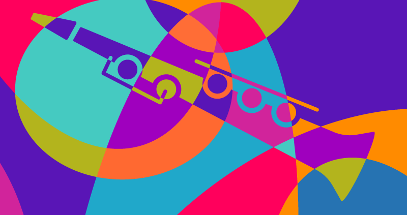 A clarinet superimposed on and intersecting with a background of brightly colored shapes.