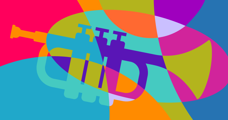 A trumpet superimposed on and intersecting with a background of brightly colored shapes.