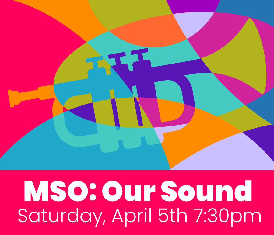 a colorful modern art composition of a trumpet with the title Our Sound and a link to concert tickets