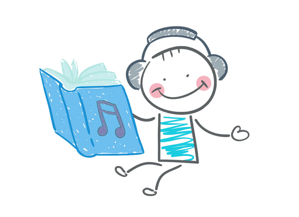 smiling stick person reads a music book