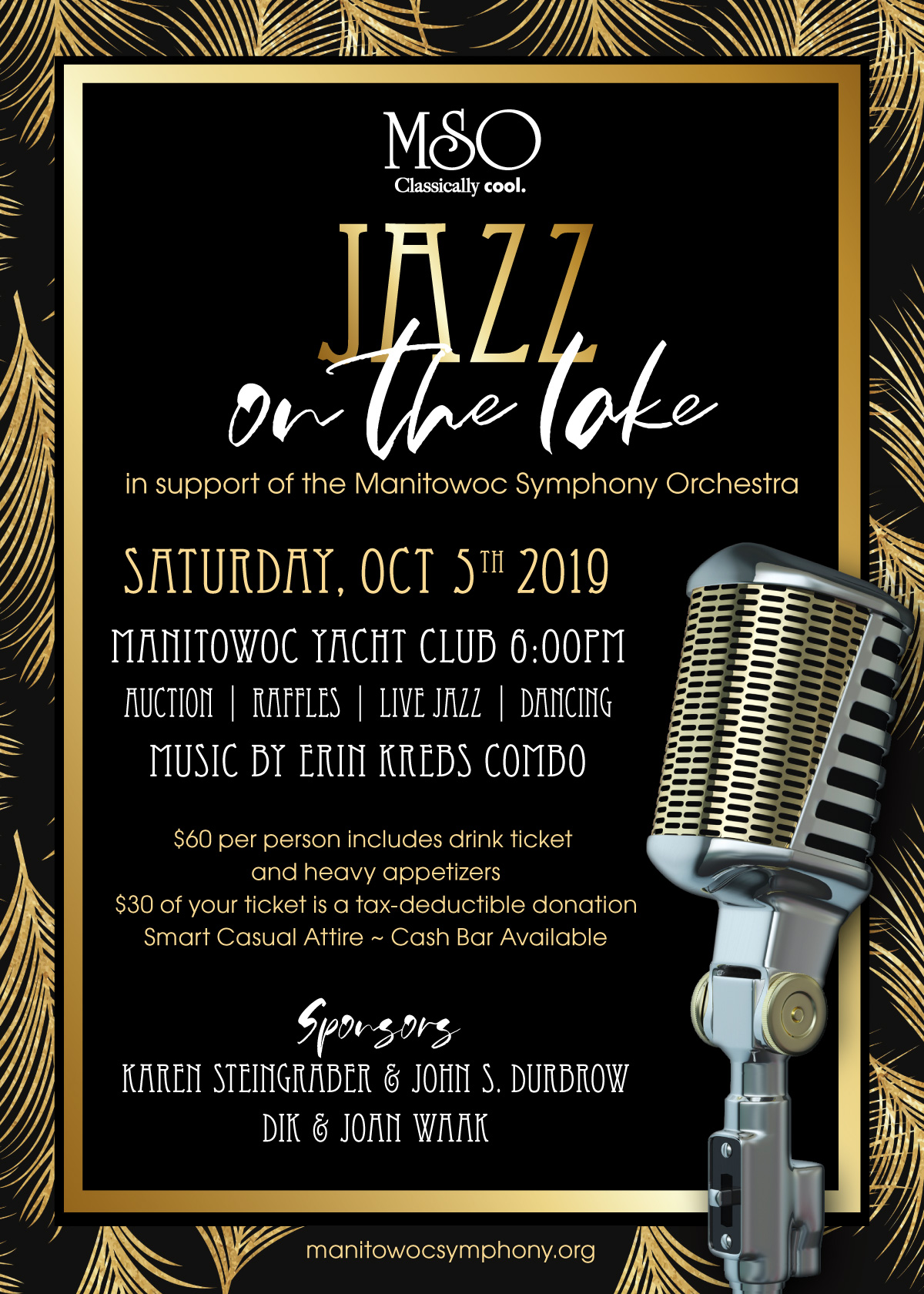 an invitation for Jazz on the Lake with an art deco black and gold palm frond pattern and a vintage microphone