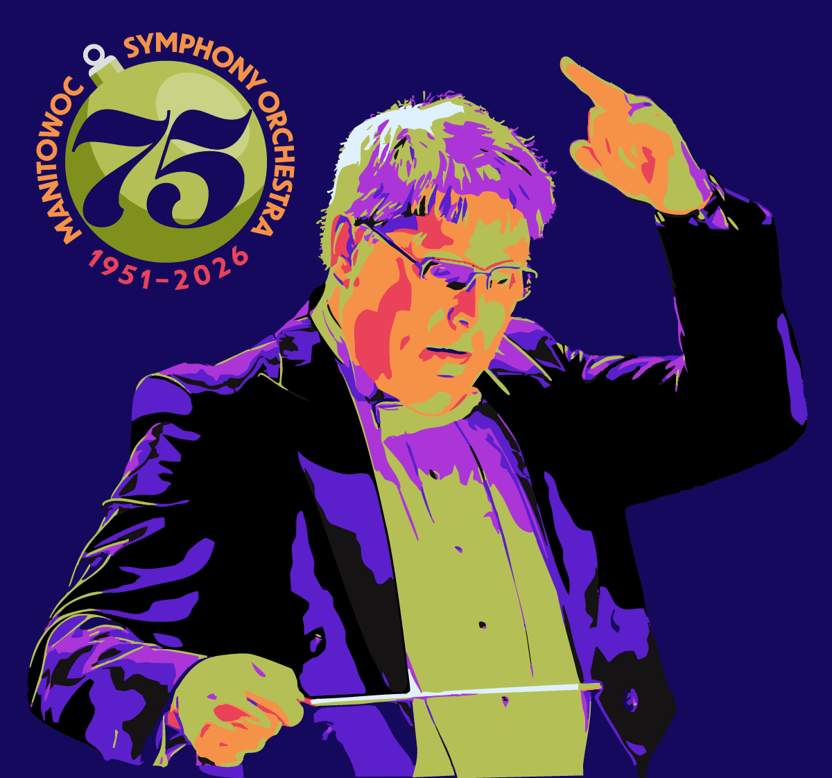 A brightly colored rendering of a man conducting an orchestra