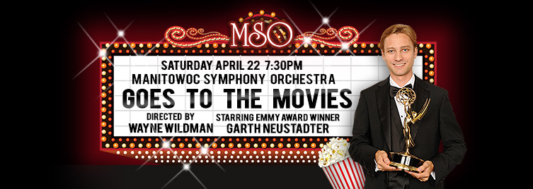 A poster and link for MSO Goes to the Movies with a movie theater marquee containing performance info and a man wearing a tuxedo and holding a Grammy on the right.