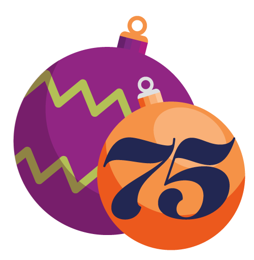 2 christmas ornaments with a 75 on one of them