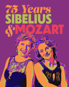 Modern art boldly colored portrait of two women back-to-back, wearing formal gowns.
