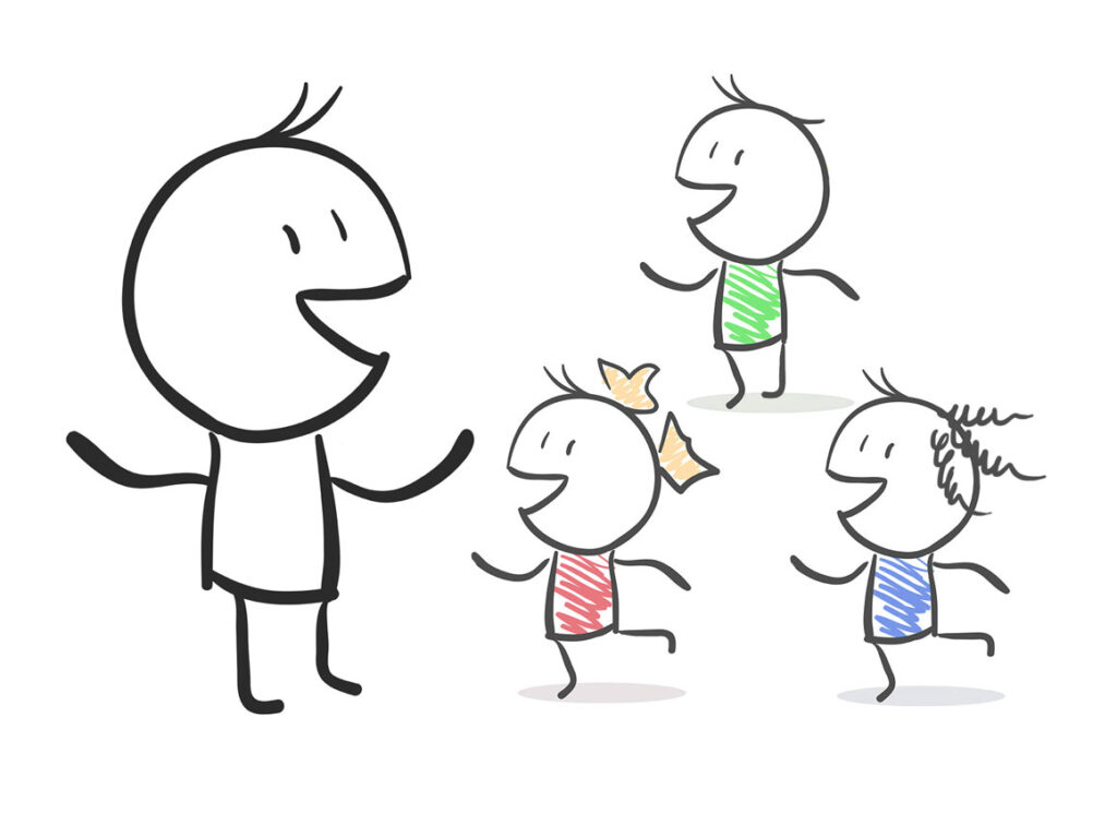 stick figures - a teacher and 3 happy kids